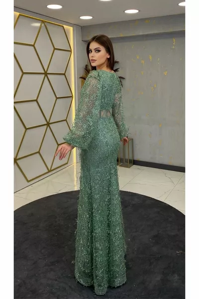 Waist Transparent Turquoise Evening Dress Green