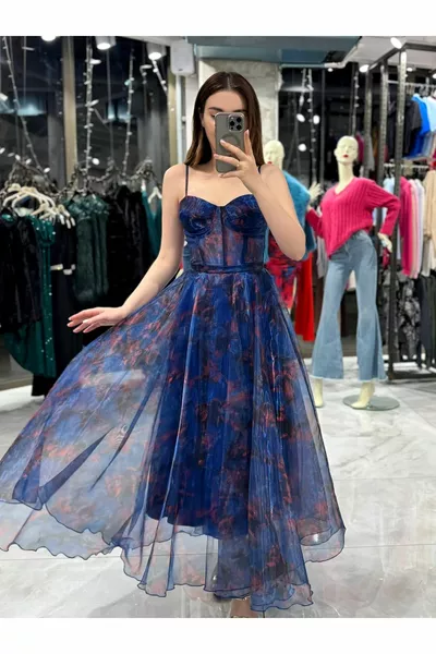 Melosi Floral Pattern Chiffon Evening Dress-Saks Blue