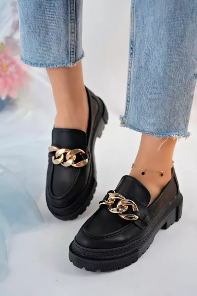 Women's Black Chain Thick Sole Loafer Loafers Gold Chain
