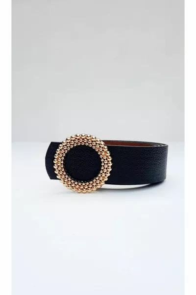 حزام مشبك ذهبي مطرز باللؤلؤ الأسود للسيدات 