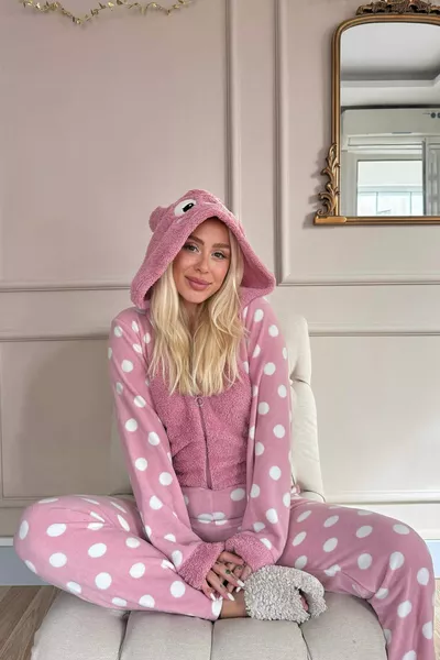 Pink Polka Dot Patterned Women's Fleece Plush Overalls Pajama Set