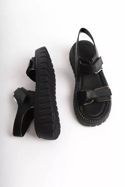 Damen Custom Design Dicke gezackte Sohle Glänzende Kante Doppelriemen Velcro Sandalen
