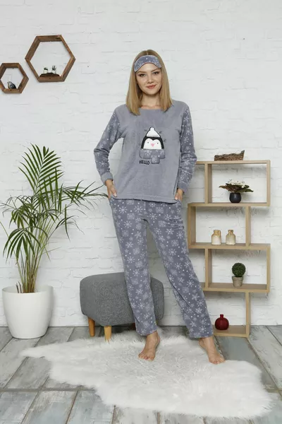 Дамска снежинка долна част от полар топ зимна новогодишна пижама комплект 