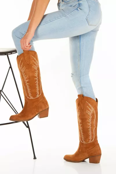 Велурени уестърн каубойски бродирани дамски ботуши