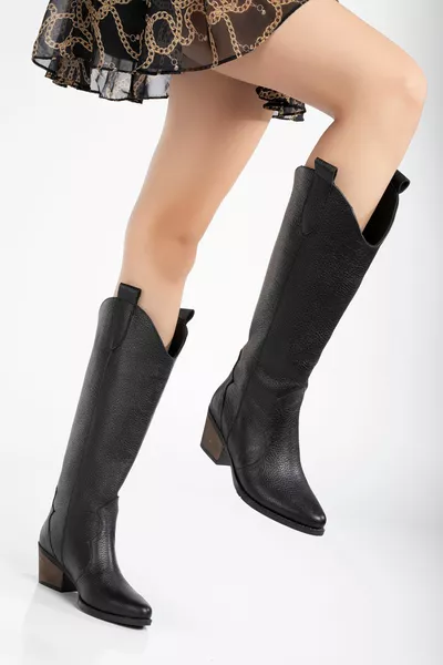 Schwarze Western-Cowboystiefel aus  % echtem Leder mit spitzer Zehenpartie für Damen