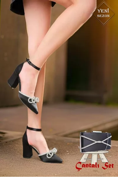 Rozalina Bow Stone Вечерна рокля Черен сатен Дамски токчета и Камък Вечерна рокля Комплект вечерни рокли през тялото