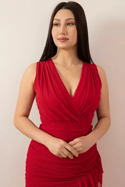 فستان بياقة مزدوجة الصدر مع تنورة بأكمام صفرية تفاصيل 