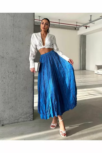 Women's Kırınkıl Fabric Long Blue Skirt with Elasticated Waist