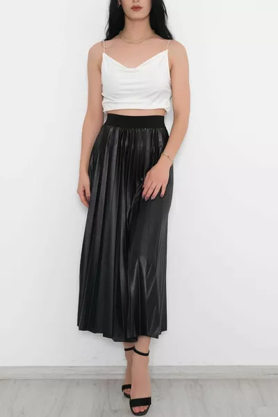 Дамска черна кожена визия с висока талия миди дължина талия ластик дълга разклещена плисирана пола хиджаб - 