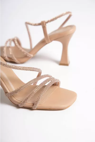 Chaussures de soirée à talons en pierre pour femmes à bout émoussé Beige