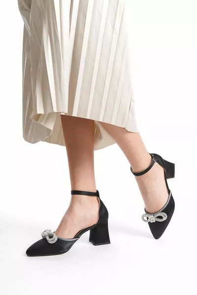 Black Satin Women's Heels with Bow Stones