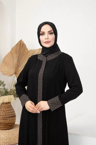 Leopar Desenli Fermuarlı Siyah Medine Ipeği Ferace