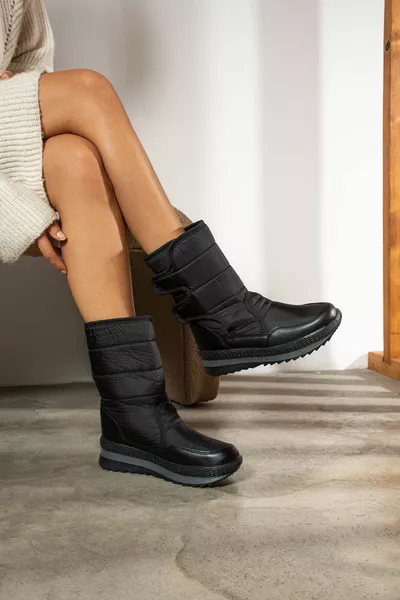 Casual Black Thick Fur Lined Velcro Heels Non-Slip Sole Snow Boots Black Shoes 