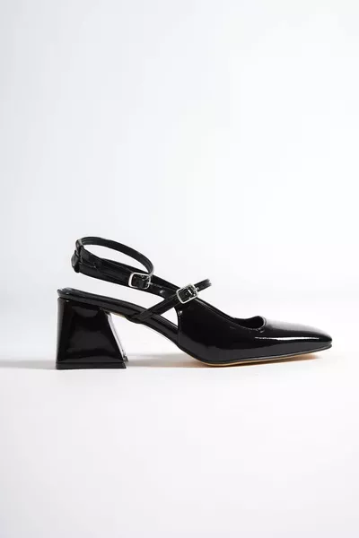 Mulia Zwart Lakleer Mary Jane Dikke Hakken Enkelbandje Schoenen