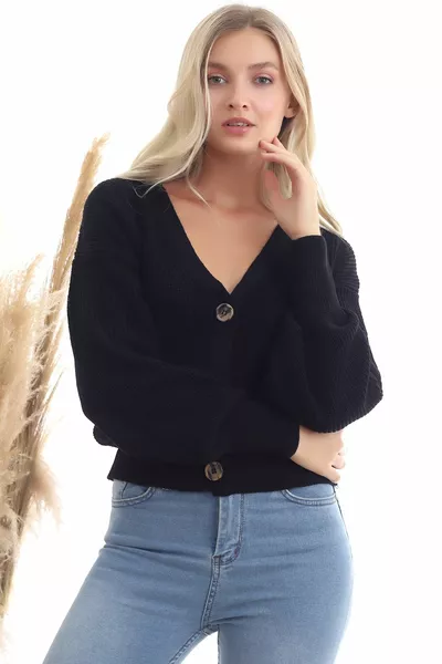 Женский черный кардиган с V-образным вырезом на 3 пуговицах