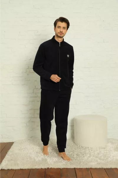 Men's Navy Blue Winter Fleece Pajama Set with Front Zipper