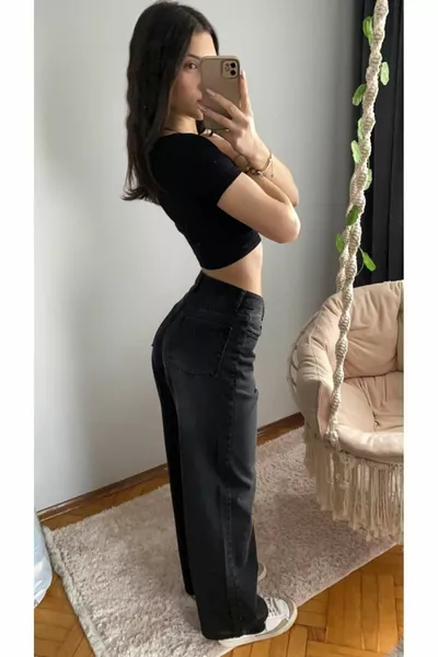 أسود مغسول نموذج واسع الساق فضفاض جان