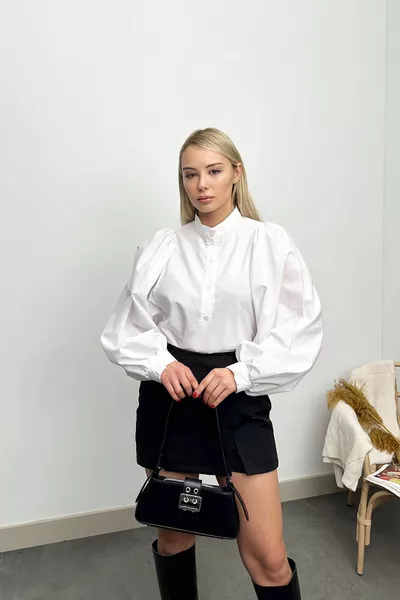 Chemise tissée en popeline à manches ballon à manches longues pour femmes 