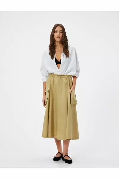 Midi-Fallschirmrock Taillenumfang Elastischer Stopper Baumwollpopeline mit Details