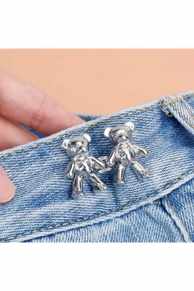 أداة تضييق خصر البنطال، دبوس، حزام دب صغير، زر ضغط لتضييق الخصر بلون فضي