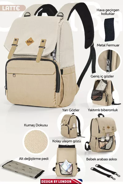 Coolbag Mom and Baby Backpack with Easy Access and Thermal Pocket, Changing Mat Included - Bone Latte