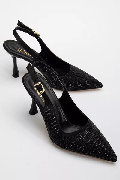 حذاء كعب عالي نسائي يومي مريح باللون الأسود مع تفاصيل حجرية من الخلف مفتوح من قماش رسمي من Rissoli
