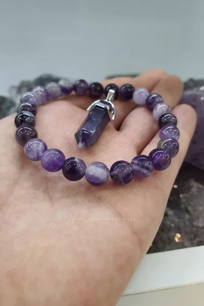 سوار حجر الجمشت الطبيعي 8 ملم جودة عالية (مع قلادة هدية) (طاقة الحياة)