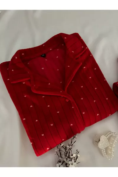 طقم بيجامة شتوي صوف حراري قلب أحمر مزدوج هدية عيد الميلاد