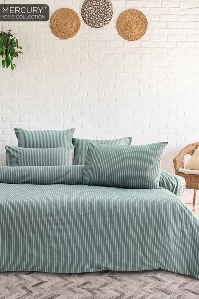 Line Double Green Duvet Cover Set | Cotton with Fitted Sheet