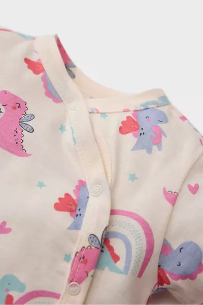 Newborn Dinosaur Print Cotton Snap-Button Off-White Baby Girl Romper /