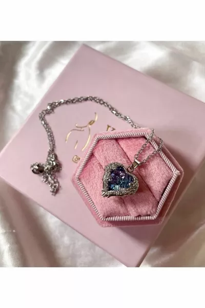 Blue Purple Heart Necklace Silver Color