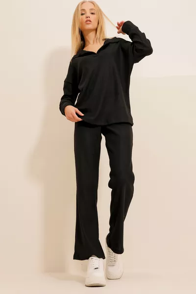 Women's Black Polo Neck Top and Palazzo Pants Knit Two-Piece Set 