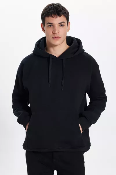 كنزة بغطاء رأس سوداء أساسية قطنية ناعمة الملمس مبطنة بالصوف، واسعة ومريحة للجنسين