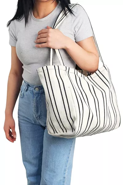 Woys Siyah Çizgili Desen Dokuma Plaj Çantası