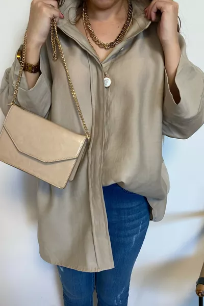 قميص نسائي فيزون بأزرار مخفية، كم فقر، قصّة فضفاضة، مقاس واسع، ٪ فيسكوز، ٪ قطن