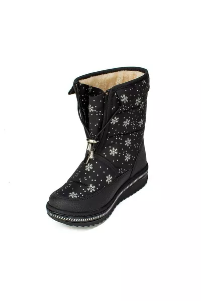 حذاء ثلجي للفتيات بنقوش ثلجية بسحاب، مبطن بالفرو، بسير معدني ونعل مقاوم للانزلاق، حذاء حراري