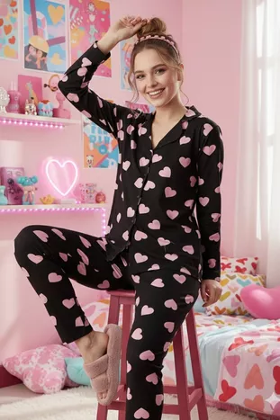 Hartpatroon Pyjama Set met Knopen en Lange Mouwen