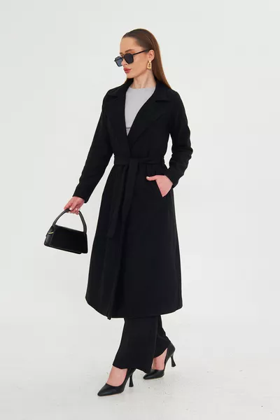 معطف نسائي طويل مبطن من الصوف مع فتحة جانبية