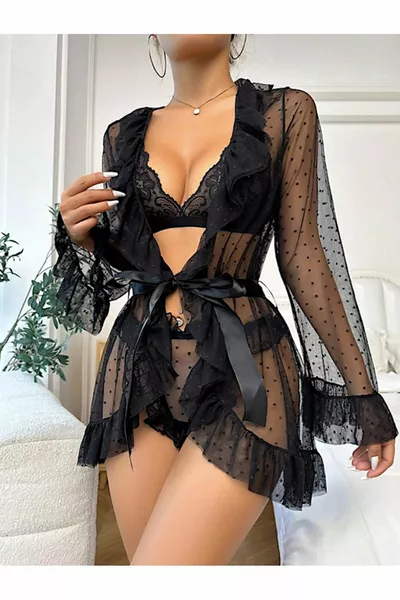 Polka Dot Ruffled Tulle Lace Kimono Panty Bra Set Sexy Nightgown