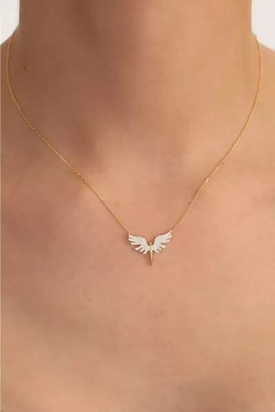 قلادة ملاك ميخائيل بحجر زركون أبيض مطلية بالذهب وسلسلة فضية عيار 