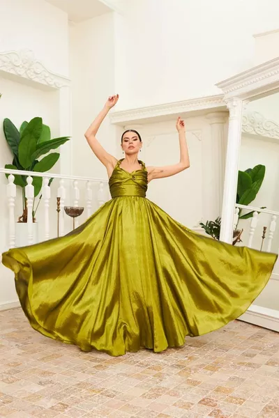 فستق أخضر التفتا فستان سهرة طويلة