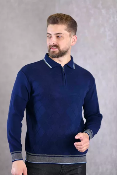 الأزرق الداكن للرجال الصلب متماسكة الجبهة محكم قميص طوق سستة بولو الرقبة غير بيلينغ تريكو الشتاء سترة