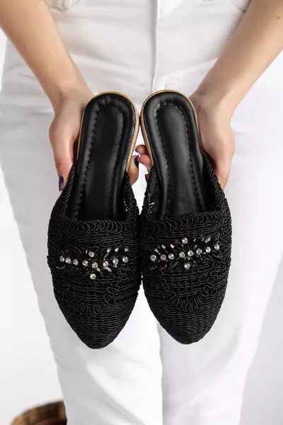 Дамски сандали от сламка, затворени отпред, с плетена дантела и камъни, елегантни летни чехли за вкъщи, плаж и почивка