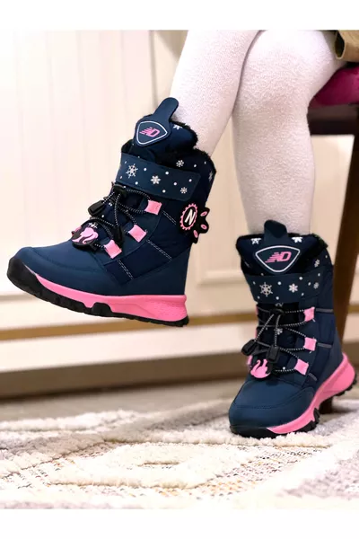 Girls' Boots Navy Pink Fur-Lined Non-Slip Sole Orthopedic