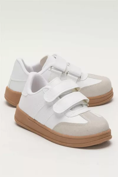 حذاء رياضي للأطفال مريح وخفيف للجنسين مع مشبك لاصق باللون الأبيض