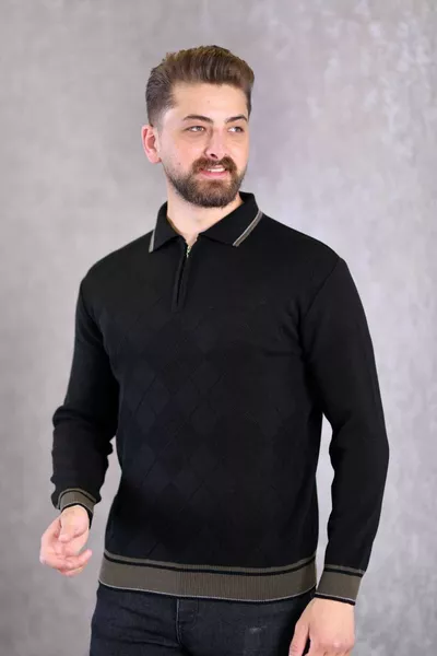 أسود الرجال الصلب متماسكة الجبهة محكم قميص طوق سستة بولو الرقبة لينت الحرة متماسكة سترة الشتاء