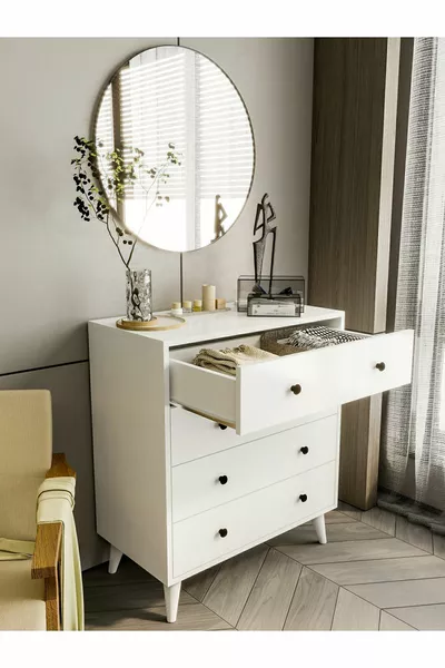 Скрин Блестящо Бял с 4 Чекмеджета Кънтри Скрин Нощно шкафче Дървено