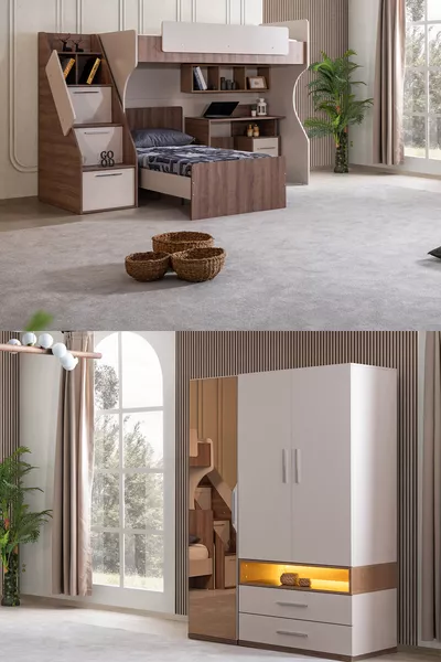 Кровать-чердак, молодежная комната Milano, двухместная с рабочим столом, современная кровать-чердак + современный шкаф с тремя дверцами