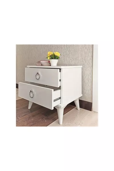 Nachttisch mit zwei Schubladen, weiß, auf konischen Beinen