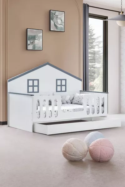 مجموعة غرفة نوم بيلو للأطفال، سرير بيلو مع درج للأطفال، خزانة فاتيحية بثلاثة أبواب، كومود - رمادي